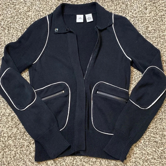 Armani Exchange Zip Up Knit Cárdigan Sweater with White Trim Detailing - Picture 2 of 8
